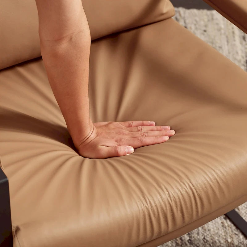 Mid-Century Modern Genuine Leather Accent Chair with Metal Frame and Removable Cushions