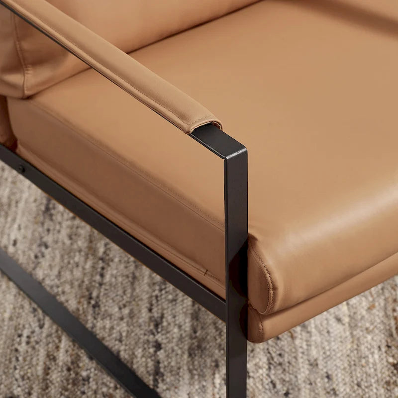 Mid-Century Modern Genuine Leather Accent Chair with Metal Frame and Removable Cushions
