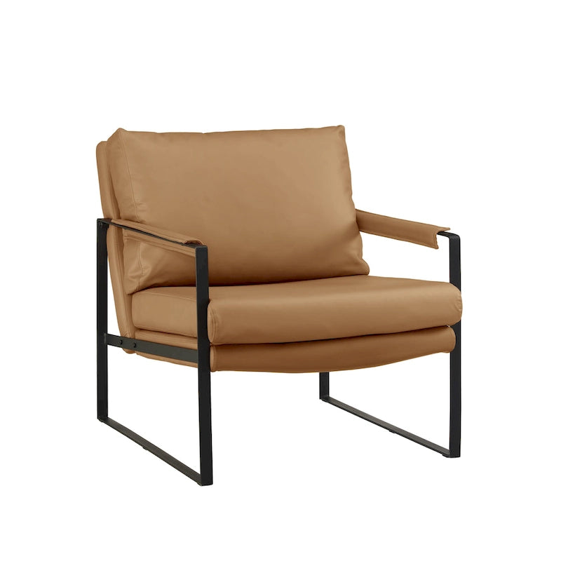 Mid-Century Modern Genuine Leather Accent Chair with Metal Frame and Removable Cushions