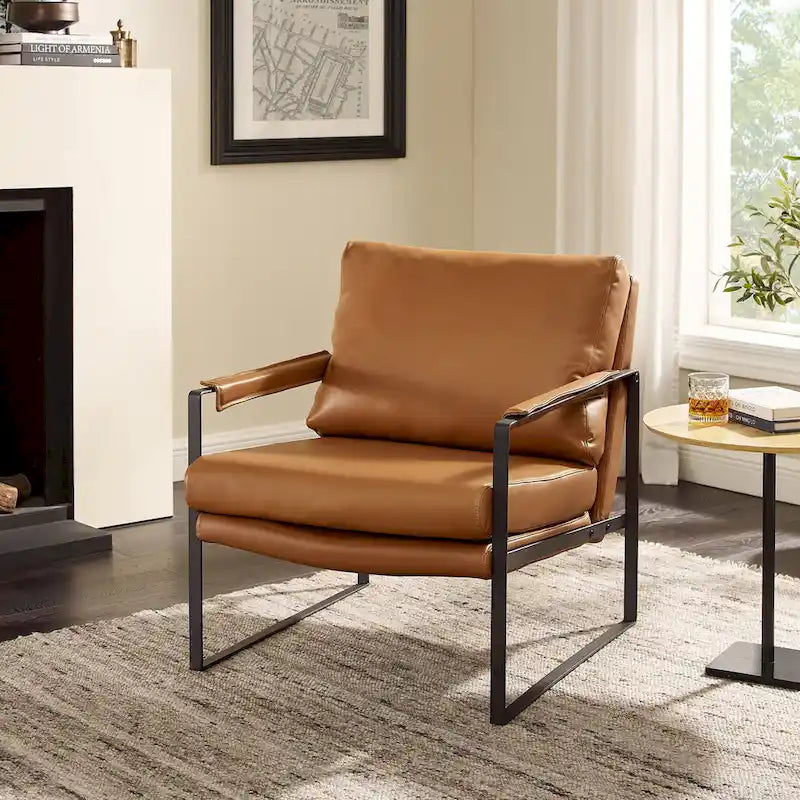 Mid-Century Modern Genuine Leather Accent Chair with Metal Frame and Removable Cushions