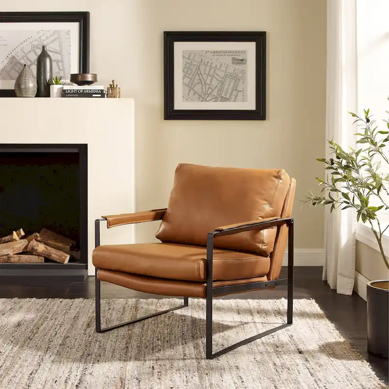 Mid-Century Modern Genuine Leather Accent Chair with Metal Frame and Removable Cushions