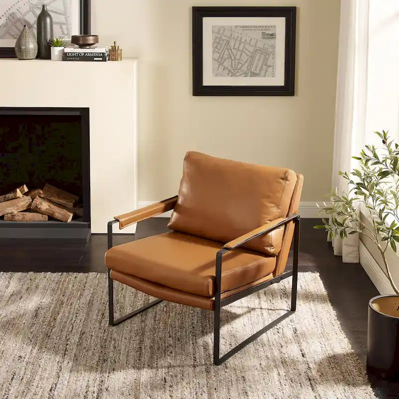 Mid-Century Modern Genuine Leather Accent Chair with Metal Frame and Removable Cushions