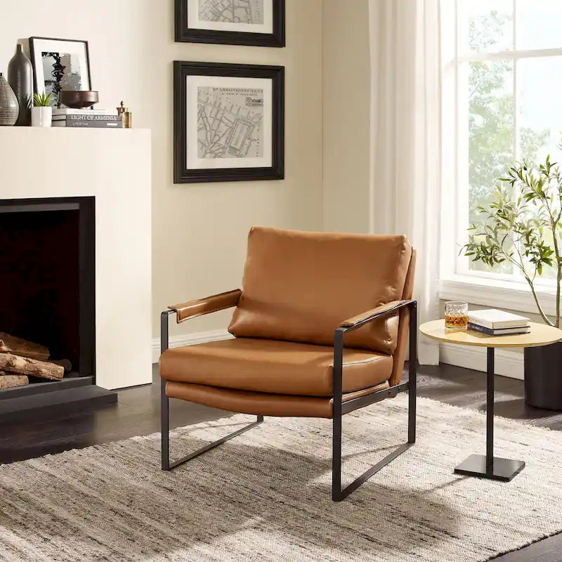 Mid-Century Modern Genuine Leather Accent Chair with Metal Frame and Removable Cushions