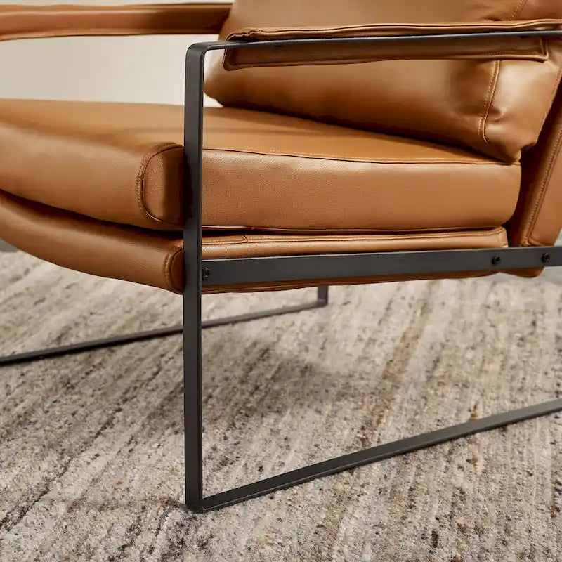 Mid-Century Modern Genuine Leather Accent Chair with Metal Frame and Removable Cushions