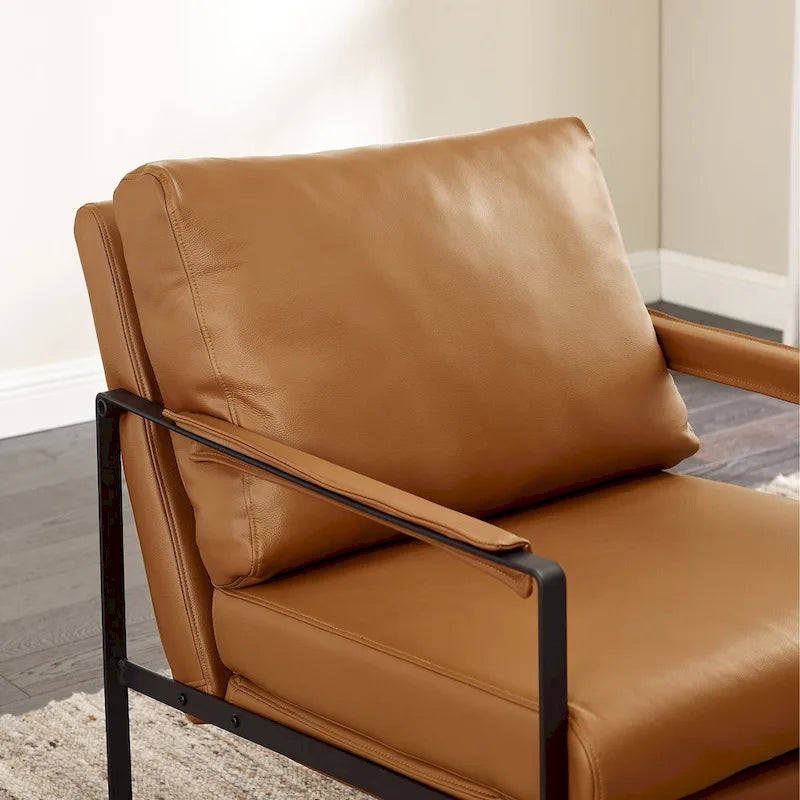 Mid-Century Modern Genuine Leather Accent Chair with Metal Frame and Removable Cushions