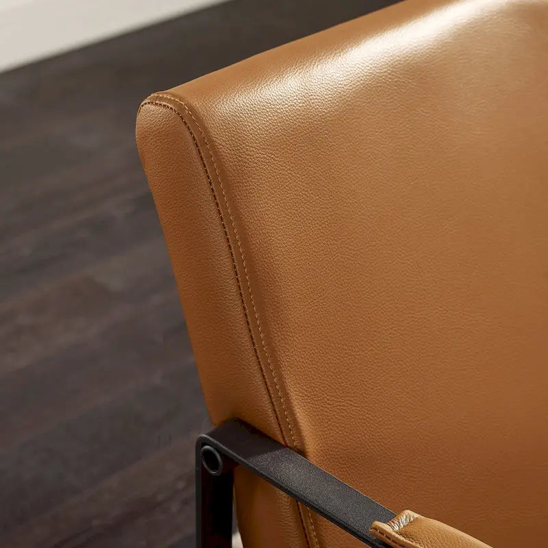 Mid-Century Modern Genuine Leather Accent Chair with Metal Frame and Removable Cushions