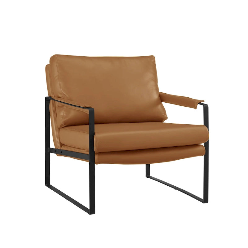 Mid-Century Modern Genuine Leather Accent Chair with Metal Frame and Removable Cushions