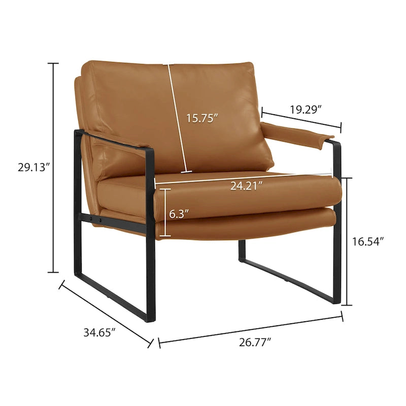 Mid-Century Modern Genuine Leather Accent Chair with Metal Frame and Removable Cushions