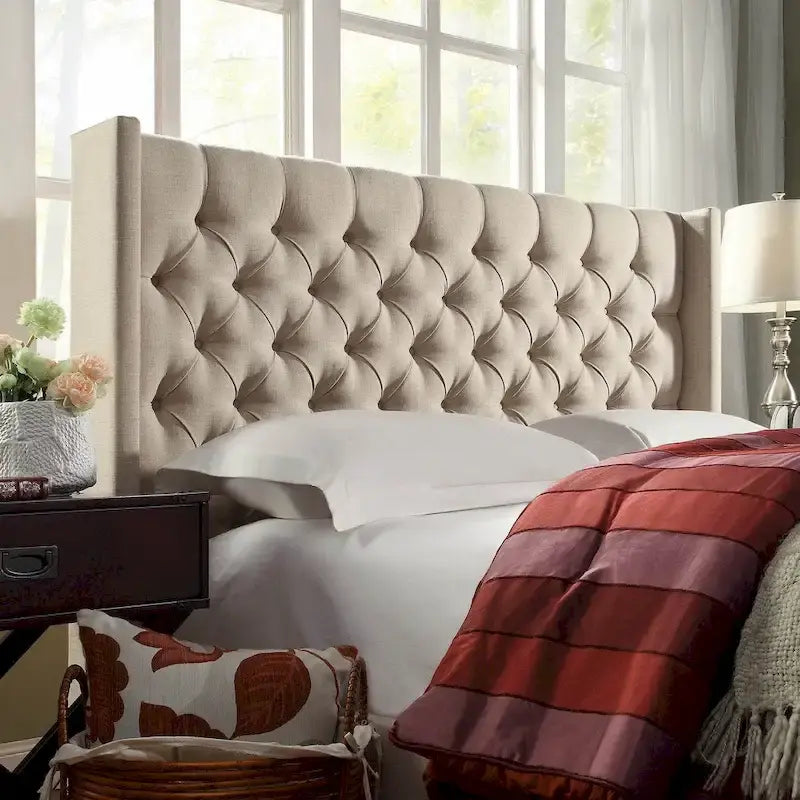 Full Size Wingback Button-Tufted Headboard with Linen Upholstery and Poplar Wood Frame