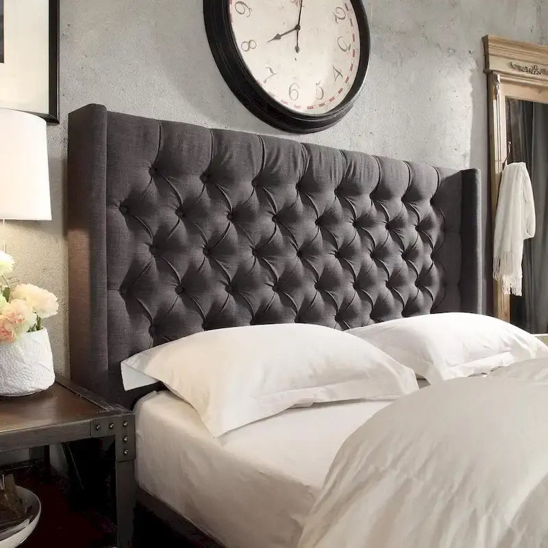 Full Size Wingback Button-Tufted Headboard with Linen Upholstery and Poplar Wood Frame