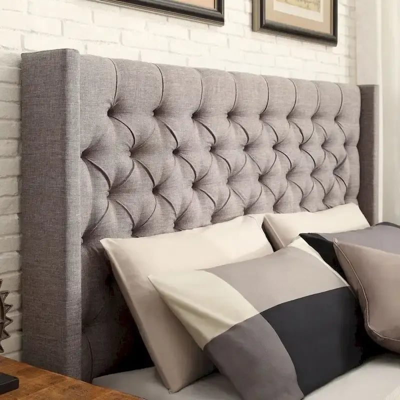 Full Size Wingback Button-Tufted Headboard with Linen Upholstery and Poplar Wood Frame