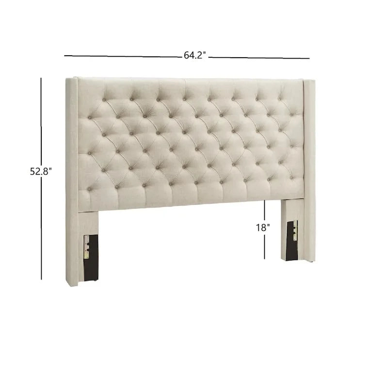 Full Size Wingback Button-Tufted Headboard with Linen Upholstery and Poplar Wood Frame