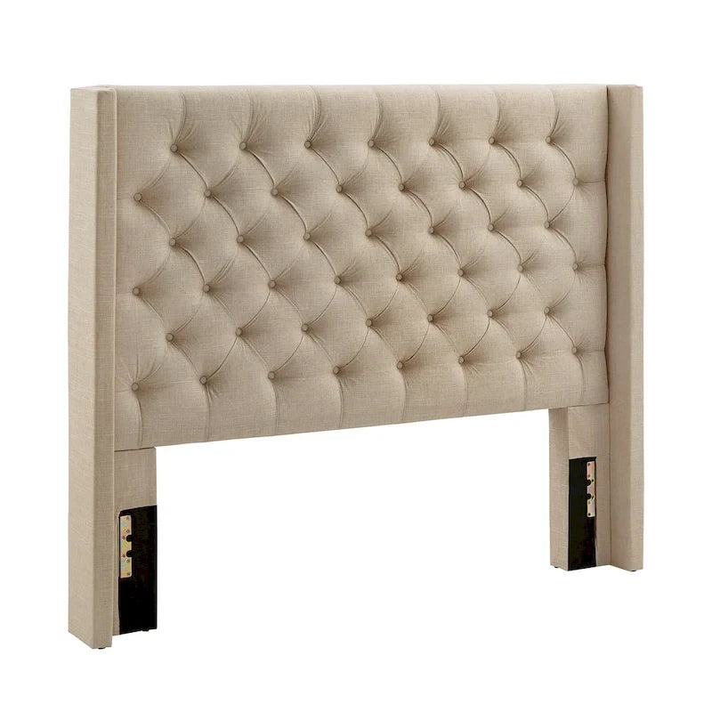 Full Size Wingback Button-Tufted Headboard with Linen Upholstery and Poplar Wood Frame