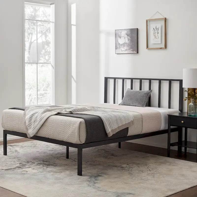 Metal Platform Bed Frame with Vertical Bar Headboard and Under-Bed Storage