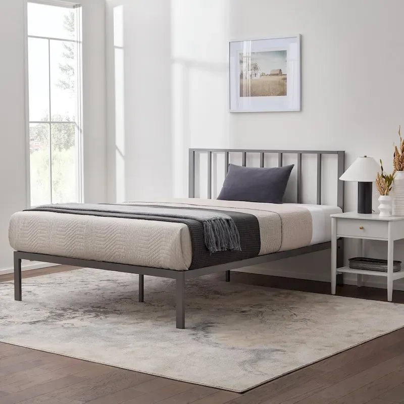 Metal Platform Bed Frame with Vertical Bar Headboard and Under-Bed Storage