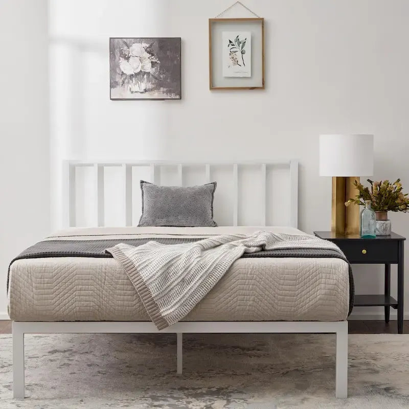 Metal Platform Bed Frame with Vertical Bar Headboard and Under-Bed Storage