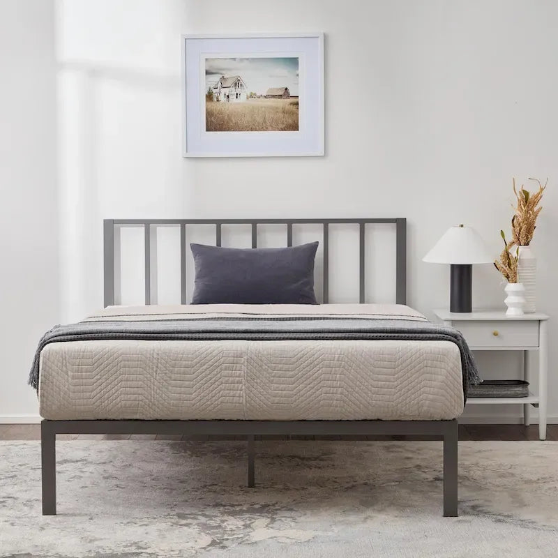 Metal Platform Bed Frame with Vertical Bar Headboard and Under-Bed Storage