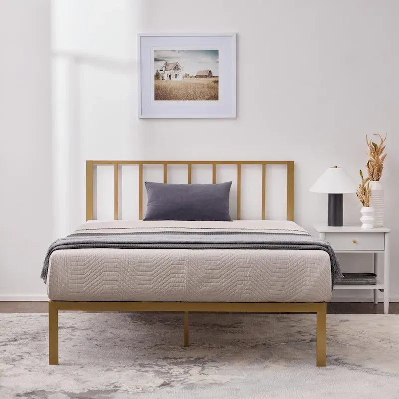 Metal Platform Bed Frame with Vertical Bar Headboard and Under-Bed Storage