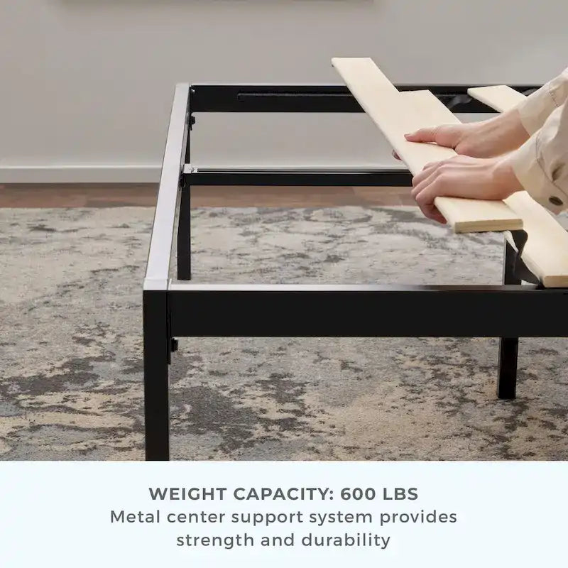 Metal Platform Bed Frame with Vertical Bar Headboard and Under-Bed Storage