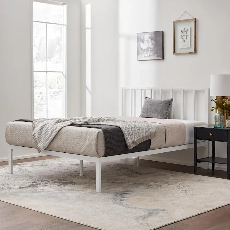 Metal Platform Bed Frame with Vertical Bar Headboard and Under-Bed Storage