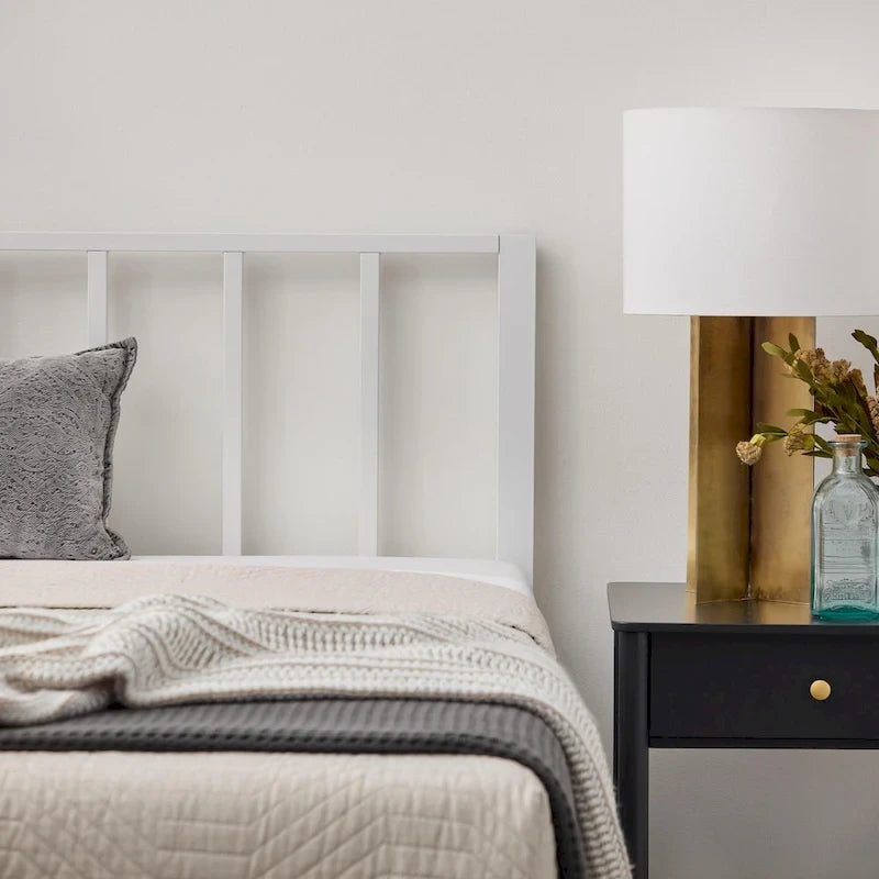 Metal Platform Bed Frame with Vertical Bar Headboard and Under-Bed Storage
