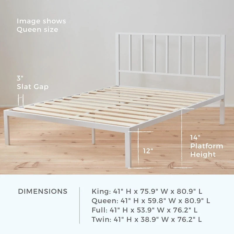Metal Platform Bed Frame with Vertical Bar Headboard and Under-Bed Storage