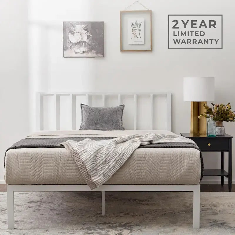Metal Platform Bed Frame with Vertical Bar Headboard and Under-Bed Storage