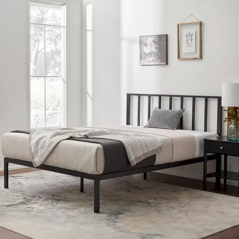 Metal Platform Bed Frame with Vertical Bar Headboard and Under-Bed Storage