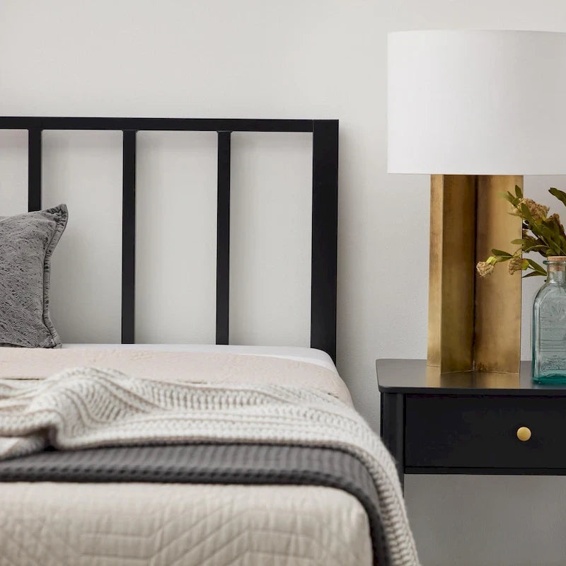 Metal Platform Bed Frame with Vertical Bar Headboard and Under-Bed Storage