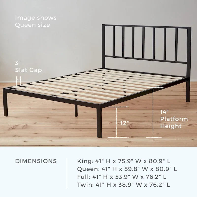 Metal Platform Bed Frame with Vertical Bar Headboard and Under-Bed Storage
