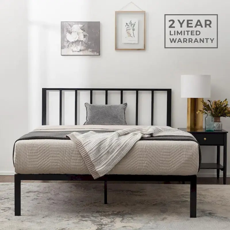 Metal Platform Bed Frame with Vertical Bar Headboard and Under-Bed Storage