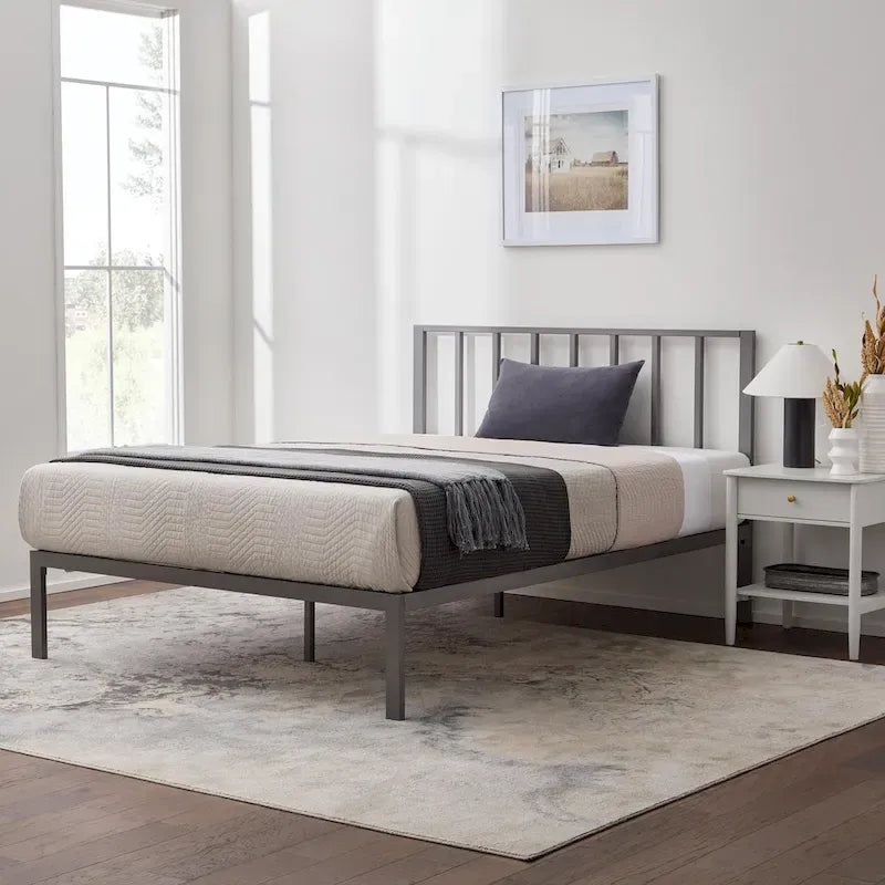 Metal Platform Bed Frame with Vertical Bar Headboard and Under-Bed Storage