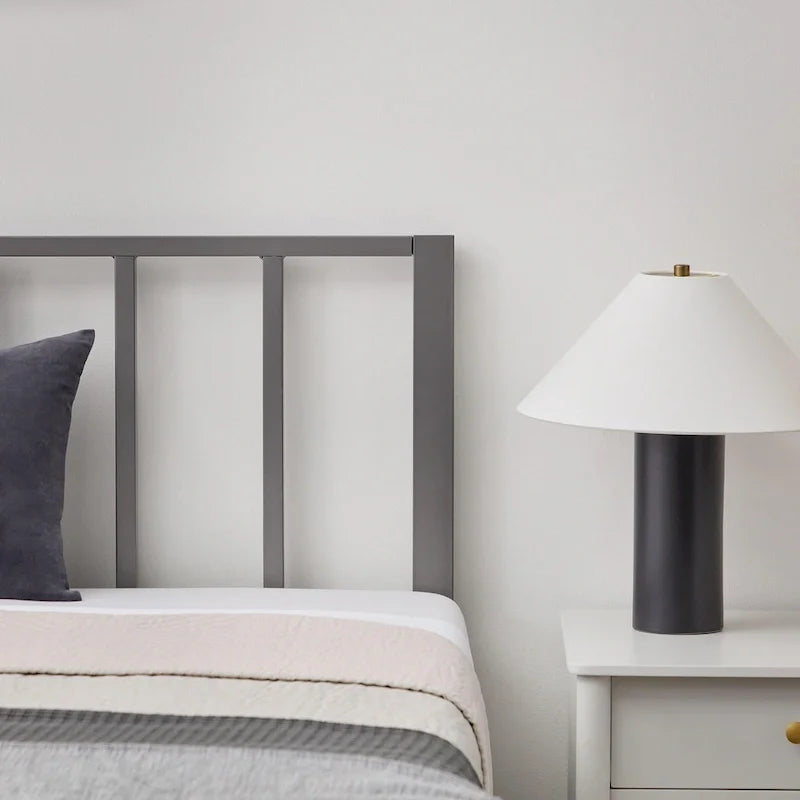Metal Platform Bed Frame with Vertical Bar Headboard and Under-Bed Storage