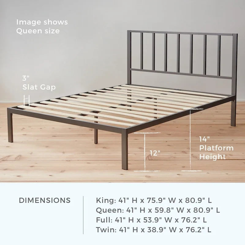 Metal Platform Bed Frame with Vertical Bar Headboard and Under-Bed Storage