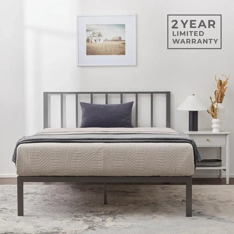 Metal Platform Bed Frame with Vertical Bar Headboard and Under-Bed Storage