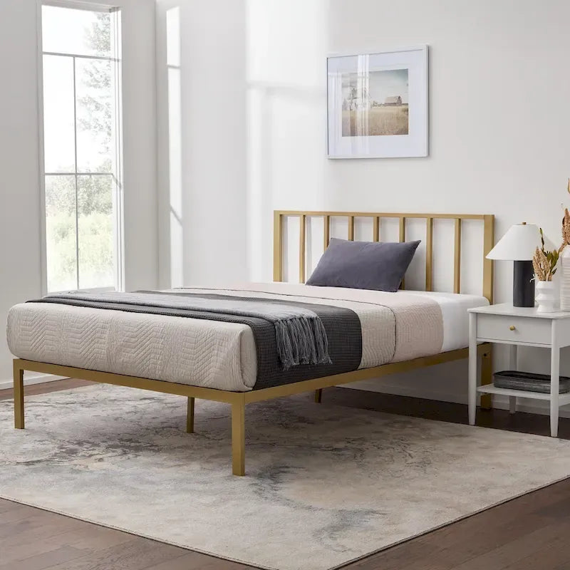 Metal Platform Bed Frame with Vertical Bar Headboard and Under-Bed Storage