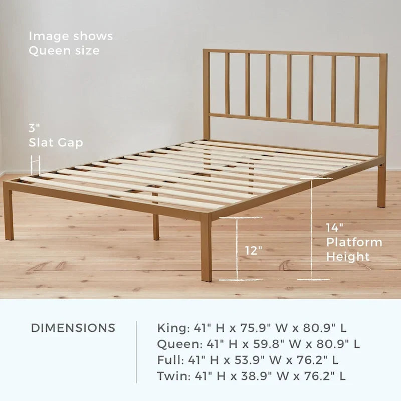 Metal Platform Bed Frame with Vertical Bar Headboard and Under-Bed Storage