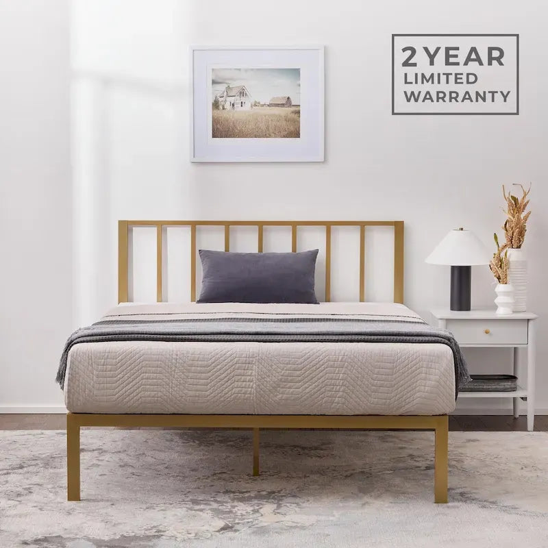 Metal Platform Bed Frame with Vertical Bar Headboard and Under-Bed Storage