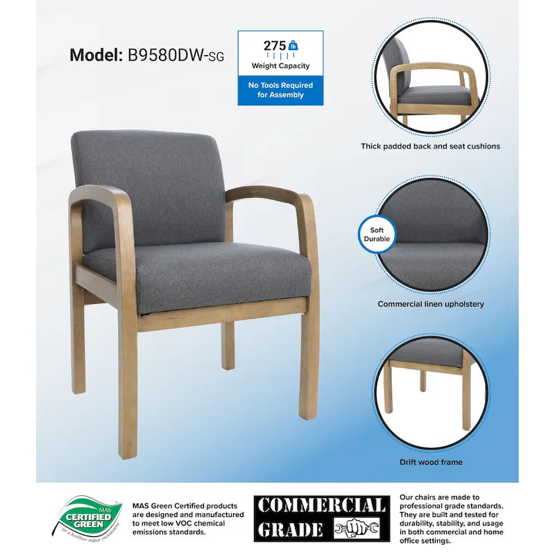 Slate Grey Commercial-Grade Linen Guest Chair with Driftwood Finish Frame