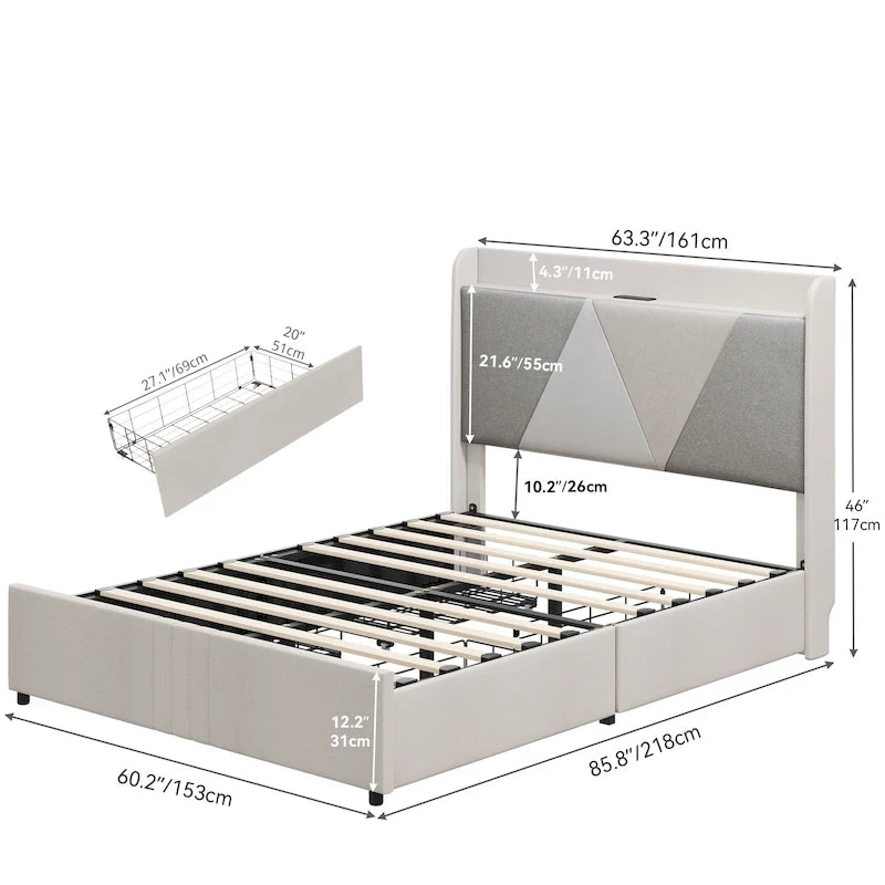 Queen Bed Frame with 4 Storage Drawers, Wingback Headboard and USB Ports