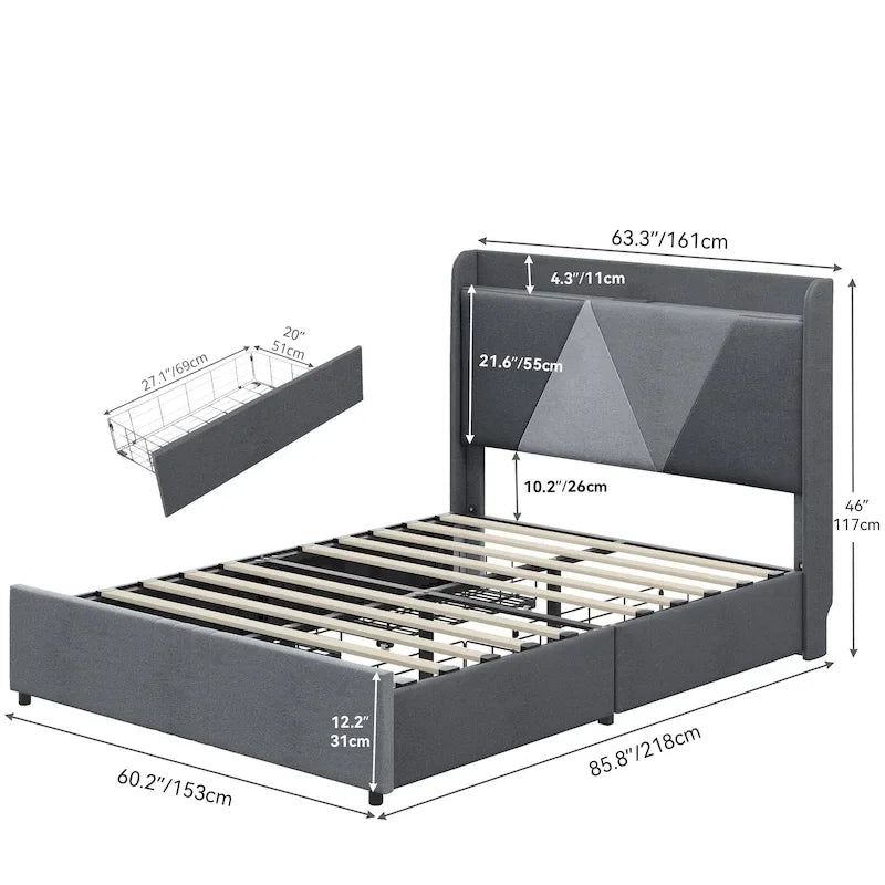 Queen Bed Frame with 4 Storage Drawers, Wingback Headboard and USB Ports