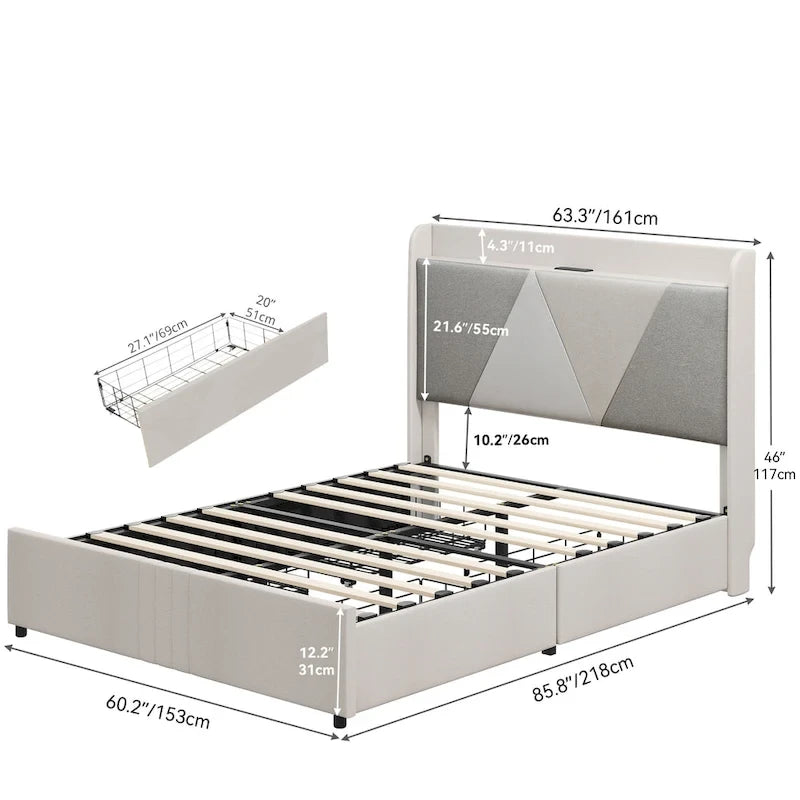 Queen Bed Frame with 4 Storage Drawers, Wingback Headboard and USB Ports