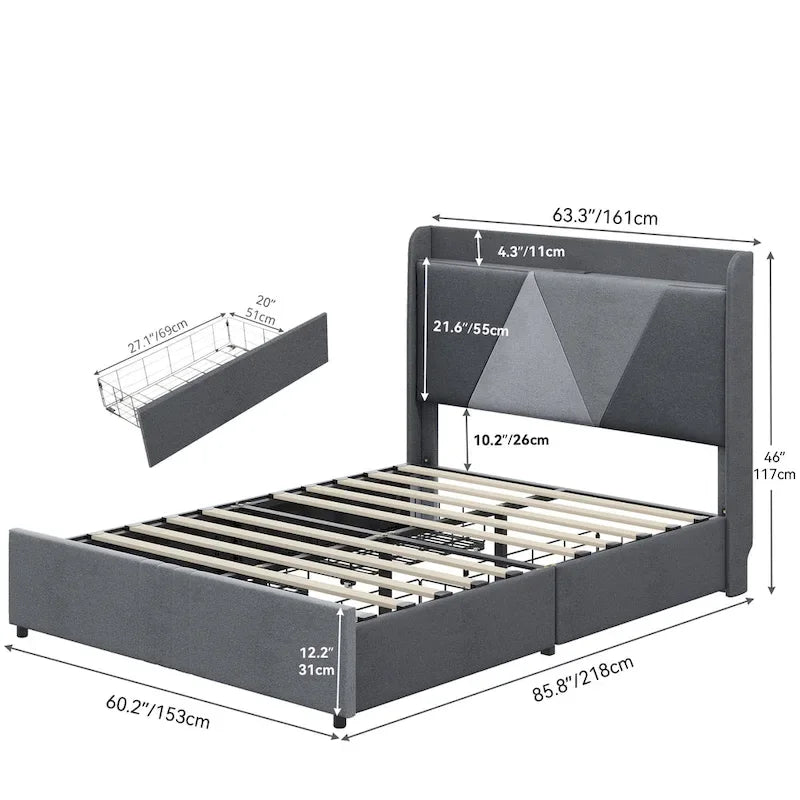 Queen Bed Frame with 4 Storage Drawers, Wingback Headboard and USB Ports
