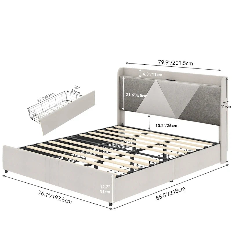 Queen Bed Frame with 4 Storage Drawers, Wingback Headboard and USB Ports