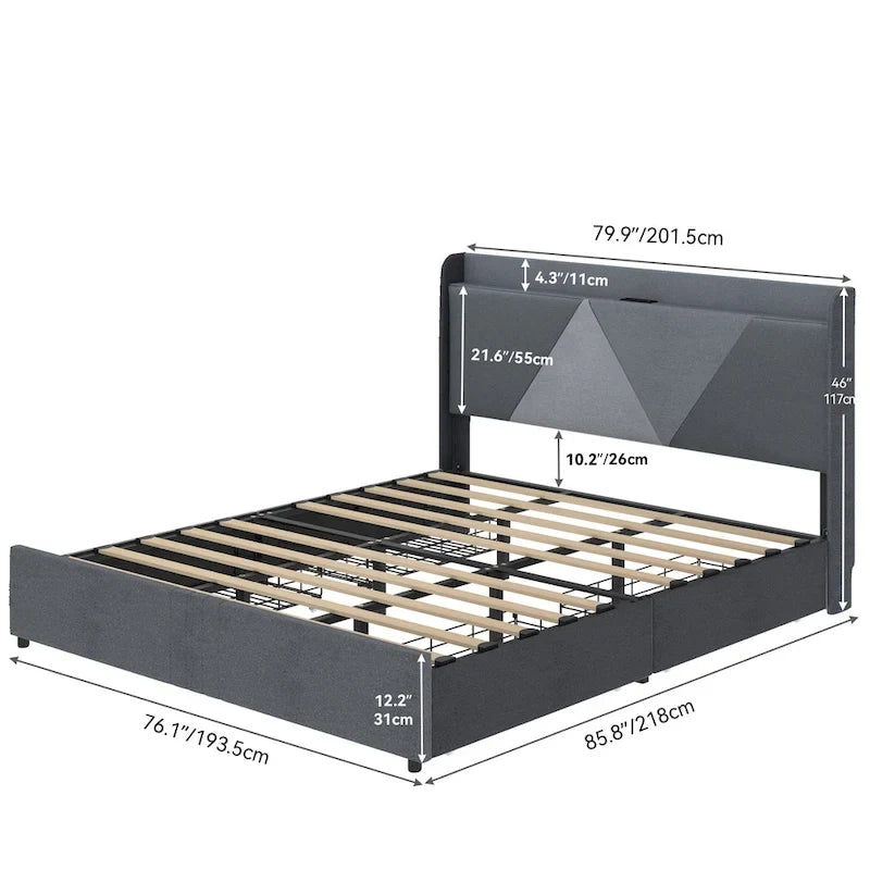 Queen Bed Frame with 4 Storage Drawers, Wingback Headboard and USB Ports