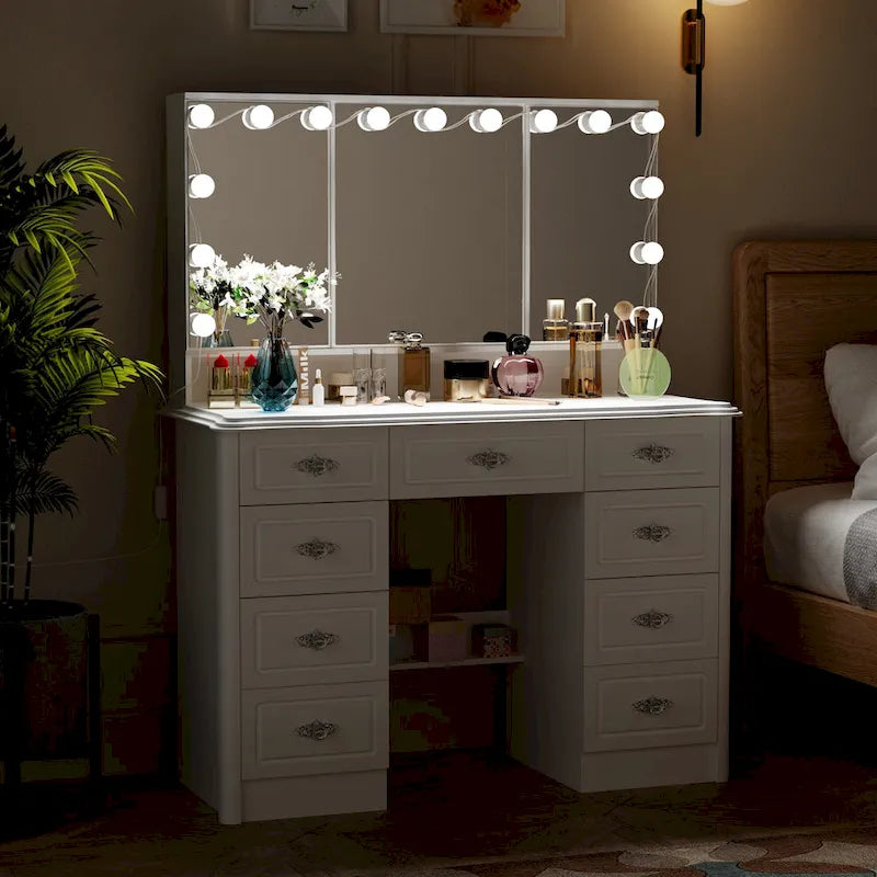 White Makeup Vanity Table with Tri-Fold Lighted Mirror and Storage Drawers
