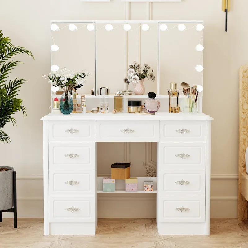 White Makeup Vanity Table with Tri-Fold Lighted Mirror and Storage Drawers