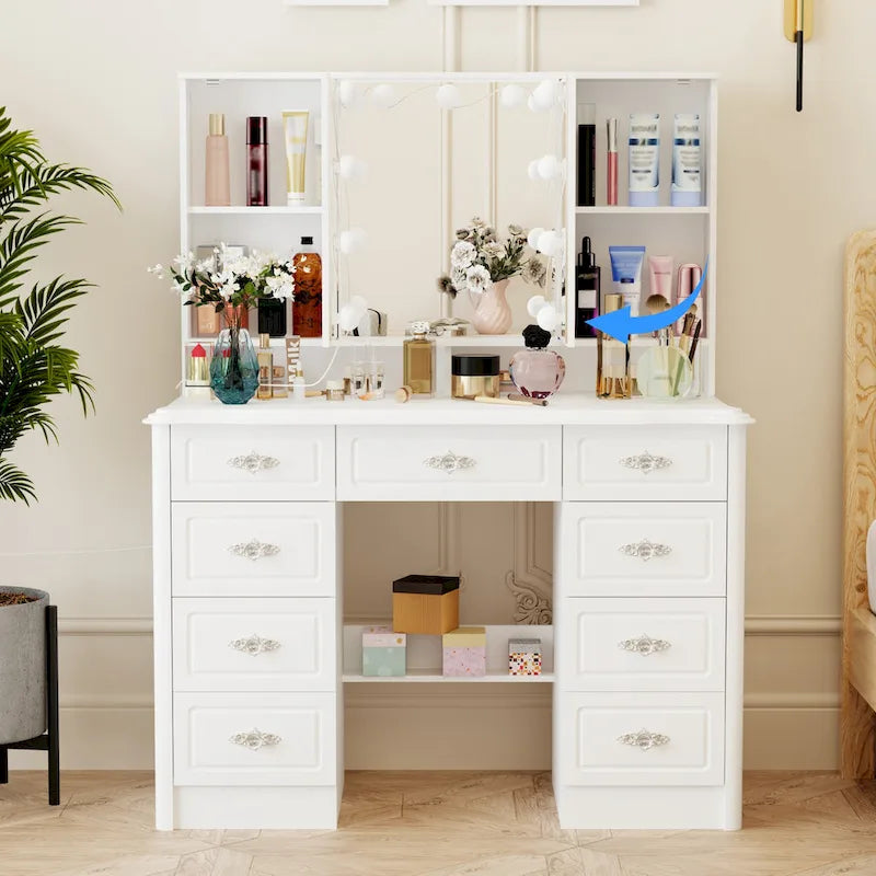 White Makeup Vanity Table with Tri-Fold Lighted Mirror and Storage Drawers