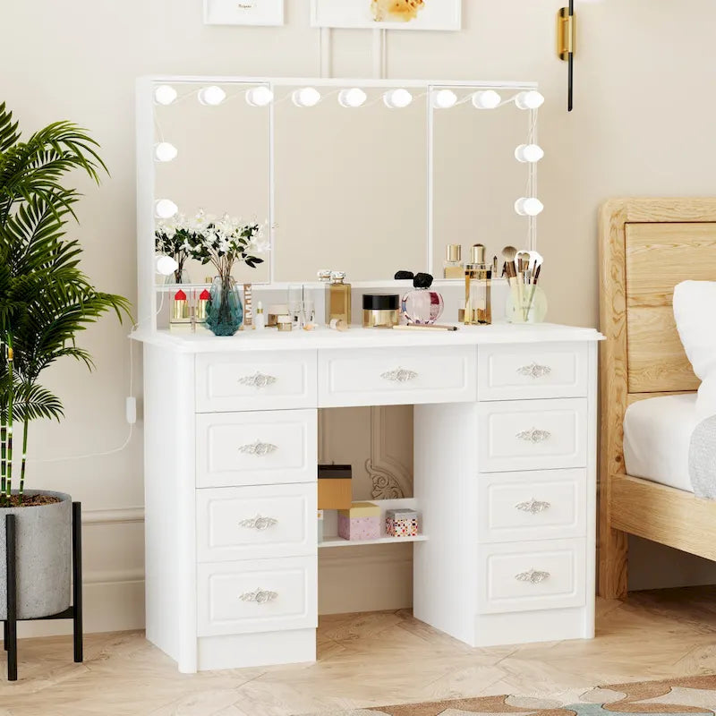 White Makeup Vanity Table with Tri-Fold Lighted Mirror and Storage Drawers