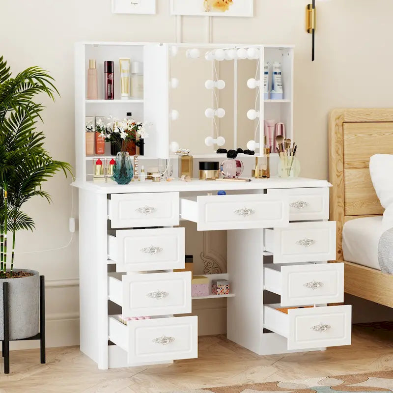 White Makeup Vanity Table with Tri-Fold Lighted Mirror and Storage Drawers